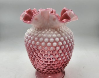 Fenton Cranberry Opalescent Hobnail Ruffled 8" Vase