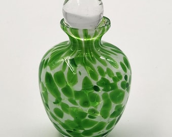 手吹きガラス製、緑と白の飛沫模様のアートガラス香水瓶