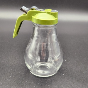 MCM Gemco NYC Syrup Dispenser Clear Glass Syrup Dispenser with Olive Green Lid