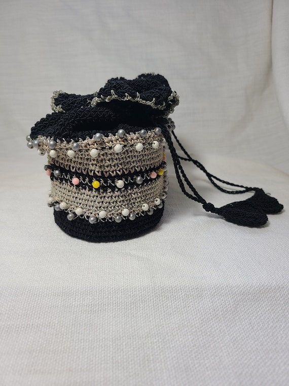 Black/Gray Crocheted Drawstring Handbag with Beads - image 2