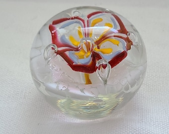Red, White & Yellow Flower Paperweight w/Controlled Bubbles