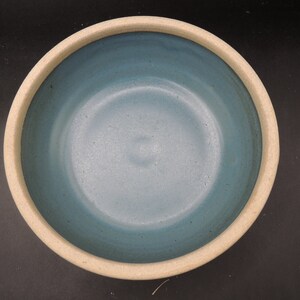 May include: A light blue ceramic bowl with a white rim. The bowl is empty and has a smooth, glossy finish.