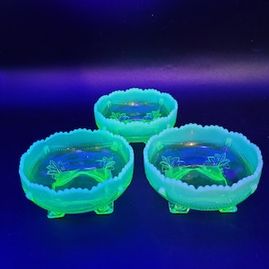 EAPG Opalescent Vaseline Glass Footed Berry Bowls ~ Set of 3