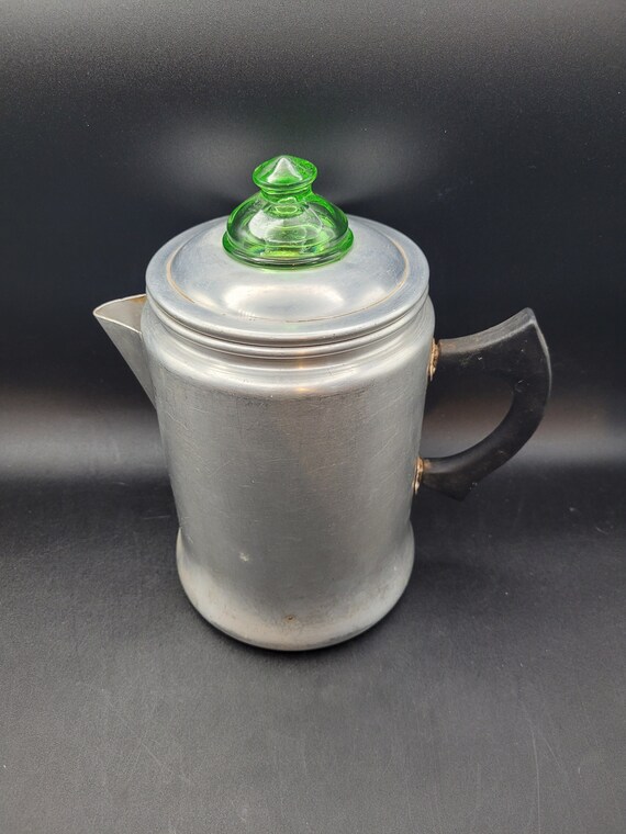 Aluminum Coffee Pot W/uranium Glass Percolator 