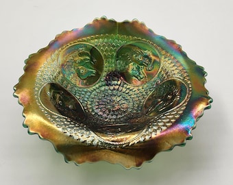 Antique Fenton Horse Medallion Emerald Green Carnival Glass Footed Bowl