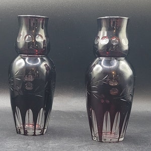 Bohemian Ruby Cut to Clear Crystal Vase Pair