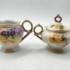 RS Prussia Germany Creamer and Sugar Set w/Gold Trim and Hand-Painted Flowers