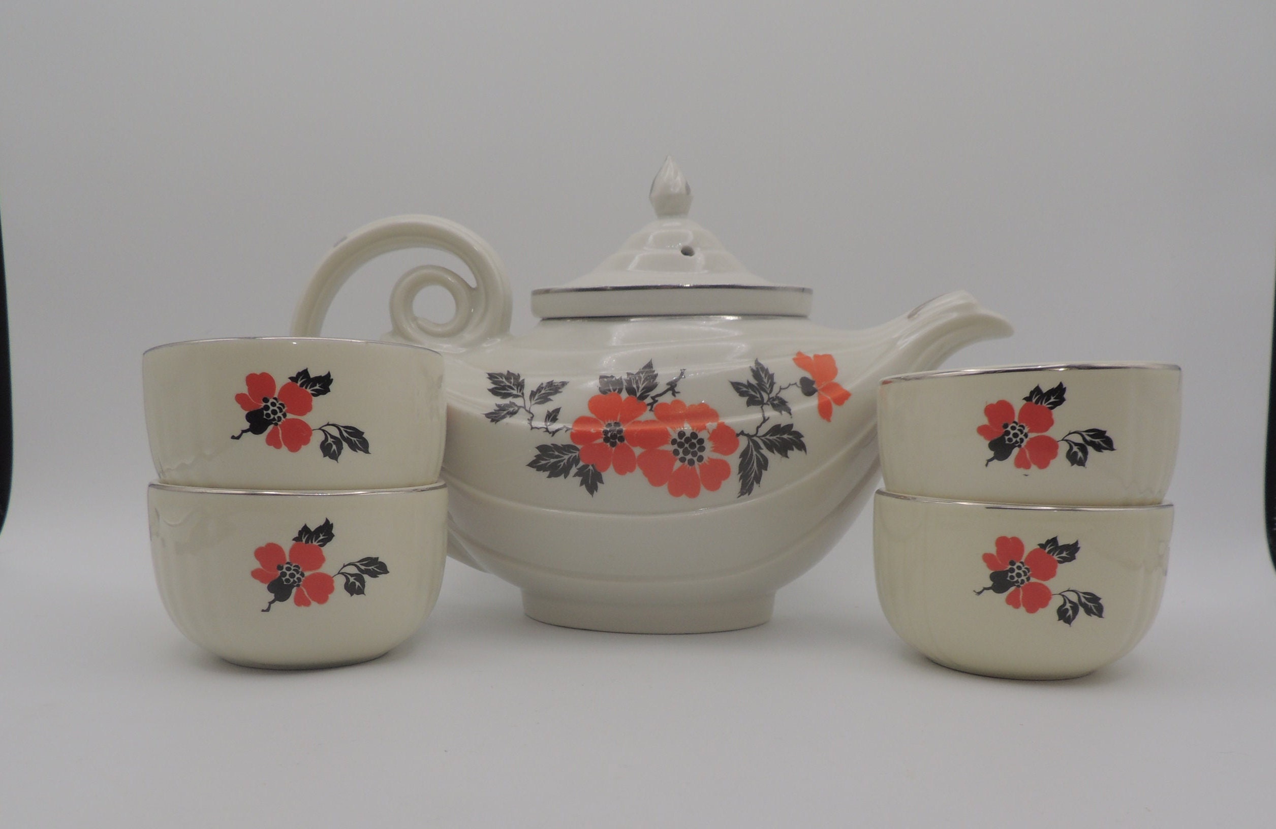 Hall China Red Poppy Platinum Accent Aladdin 6 Cup Teapot W/ Etsy