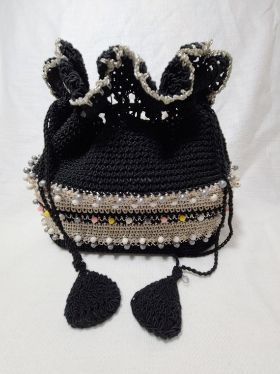 Black/Gray Crocheted Drawstring Handbag with Beads - image 1