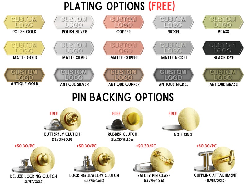 Custom soft enamel pins Lapel pin plating Pin finish options Metal plating for pins Custom pin coatings Gold-plated lapel pins Silver-plated pin options Antique finish lapel pins Nickel-plated badges