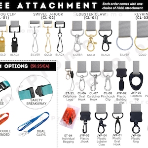 Custom lanyards with multiple attachment options, including silver, gold, black J-hooks, bulldog clips, lobster claws, keyrings, swivel hooks, safety breakaway buckle release, plastic hooks, and carabiners. Ideal for ID badges, keys, and event passes