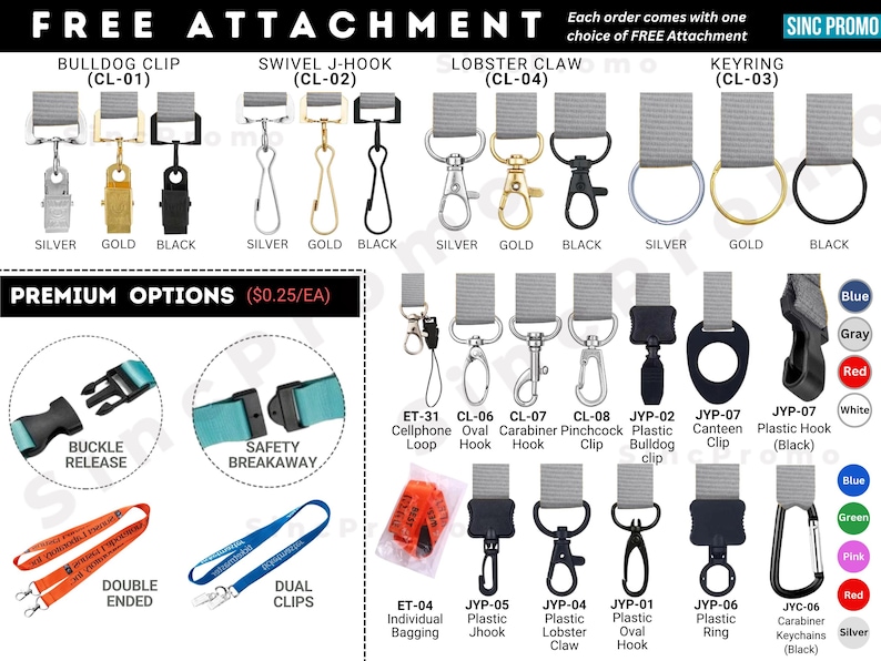 Custom lanyards with multiple attachment options, including silver, gold, black J-hooks, bulldog clips, lobster claws, keyrings, swivel hooks, safety breakaway buckle release, plastic hooks, and carabiners. Ideal for ID badges, keys, and event passes