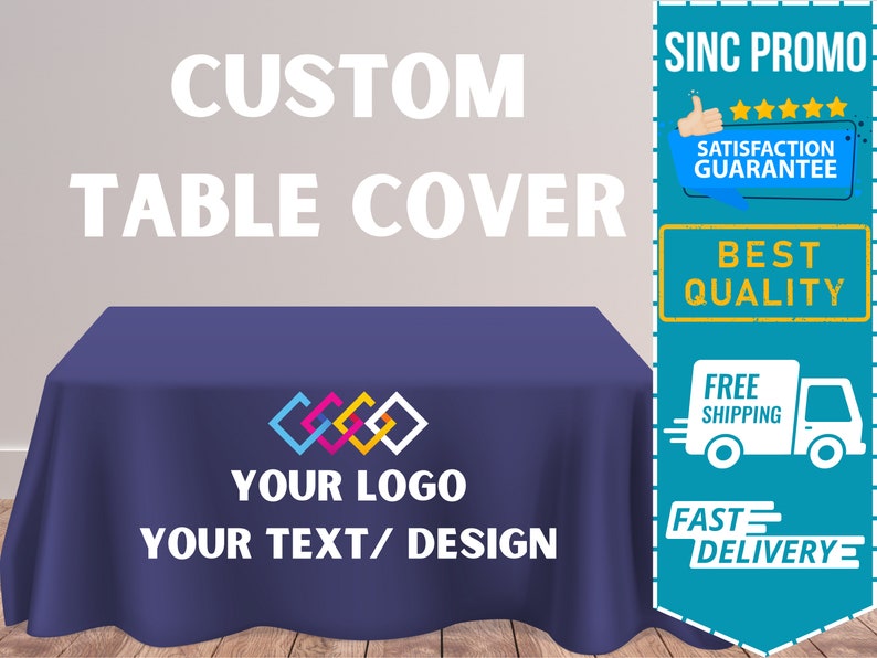CUSTOM Table Cover Personalized Tablecloth with Your Logo Full Color Imprint for Trade Show Pop Up Shop Wedding Banquet Vendor event image 1