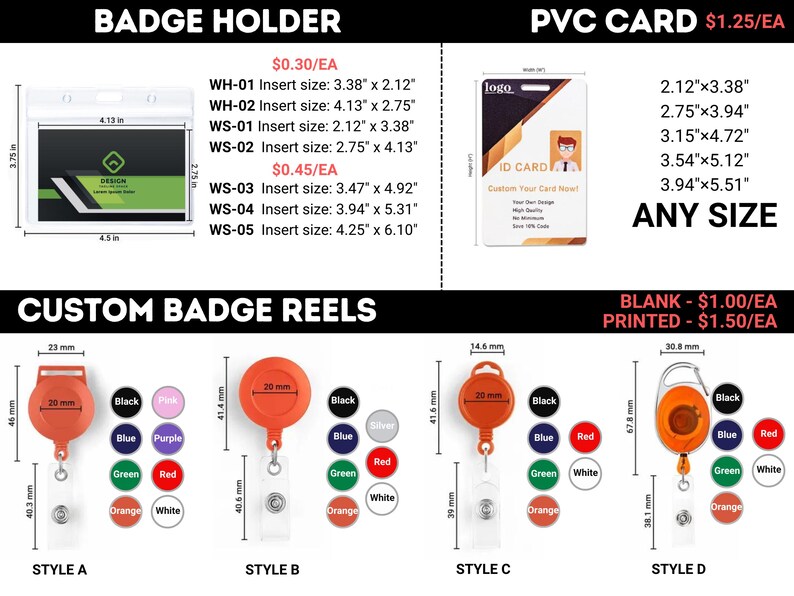 May include: A variety of badge holders and reels in different styles and colors. The badge holders are made of clear plastic and have different insert sizes. The badge reels are made of plastic and have a retractable cord. The badge holders and reels are available in black, pink, purple, blue, green, red, orange, and white.