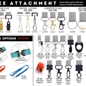 Custom lanyards with multiple attachment options, including silver, gold, black J-hooks, bulldog clips, lobster claws, keyrings, swivel hooks, safety breakaway buckle release, plastic hooks, and carabiners. Ideal for ID badges, keys, and event passes