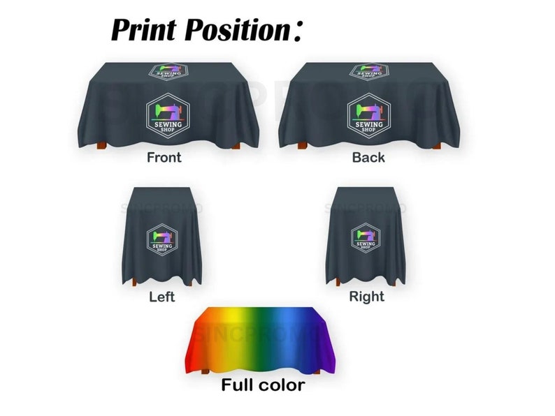 Full Color Front Print Table Covers Back Print Tablecloths Design Left and Right Printing Table Throws Custom Table Covers Full Color Print Front and Back Printed Tablecloths Left Side Print Table Drapes