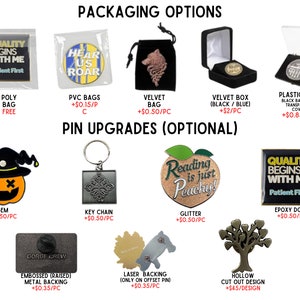 Lapel pin packaging Custom pin packaging Pin display options Pin upgrade choices Bagged lapel pins Boxed pin collections Gem embellished pins Lapel pin keychains Glitter enamel pins Pin accessory upgrades