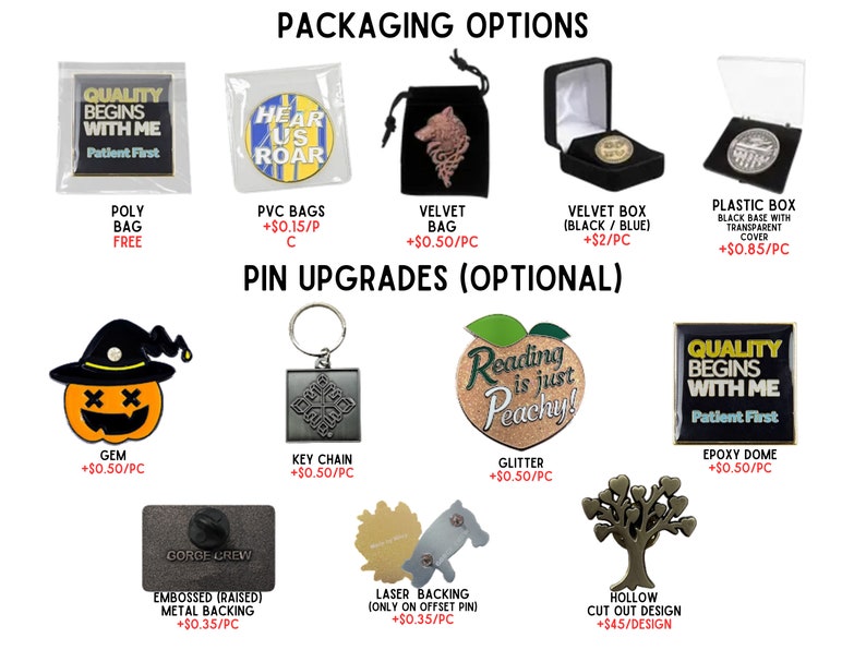 Lapel pin packaging Custom pin packaging Pin display options Pin upgrade choices Bagged lapel pins Boxed pin collections Gem embellished pins Lapel pin keychains Glitter enamel pins Pin accessory upgrades