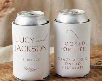 Hooked For Life Can Coolers, Custom Wedding Favors, Personalized Wedding Can Coolers, Stubbies, Can Holders, Beverage Insulator, Beer Hugger