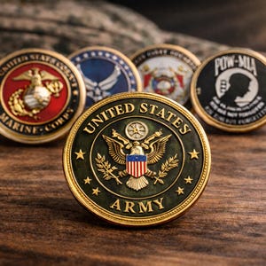 Peut inclure: Plusieurs pièces de monnaie militaires sont présentées, avec des emblèmes et des textes pour diverses branches, dont l'armée américaine et les Marines. Les pièces sont rondes, avec des motifs complexes, sur une surface en bois. La pièce centrale indique "United States Army."