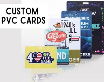 May include: Five different custom PVC cards with various designs. The cards are yellow, blue, white, and black with colorful graphics and text. The text on the cards includes "Goin' South", "1940's", "Sweet", "Earth's Prehistoric", and "4 of the Game".