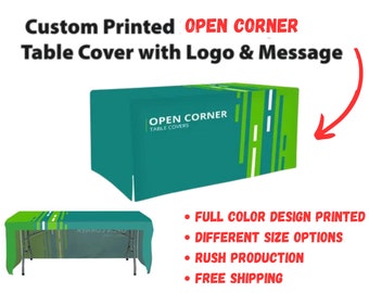 CUSTOM Table Cover Personalized Tablecloth Open Corner Table Cover Full Color Imprint for Vendor Event, Exhibition, Pop-up shop, Trade show