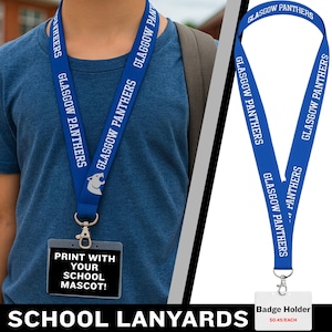 May include: Blue lanyards with white text that reads "GLASGOW PANTHERS" and a panther logo. The lanyard is around a person's neck, and a badge holder with the text "PRINT WITH YOUR SCHOOL MASCOT!" is attached.