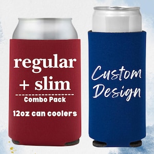 Könnte beinhalten: Ein Kombi-Paket mit 12oz-Getränkedosenkühlern. Ein Kühler ist rot und trägt die Aufschrift "regular + slim Combo Pack 12oz can coolers". Der andere Kühler ist blau und trägt die Aufschrift "Custom Design".