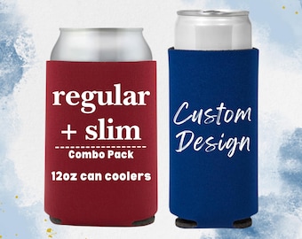 May include: A combo pack of 12oz can coolers. One cooler is red and says "regular + slim Combo Pack 12oz can coolers". The other cooler is blue and says "Custom Design".