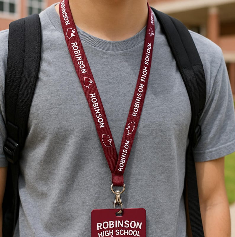 May include: A maroon lanyard with the text "ROBINSON HIGH SCHOOL" and "ROBINSON" repeated. The lanyard has a silver clasp and a maroon ID card holder. The person is wearing a gray t-shirt and a black backpack.