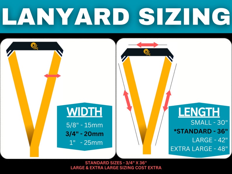 Lanyard sizing, optimal lanyard length, custom lanyard dimensions, personalized lanyard size, ideal lanyard measurements, length options for lanyards, choose right lanyard size, sizing guide for lanyards, standard lanyard dimensions