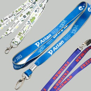 Custom printed lanyards with free artwork, free shipping, full-color design, various attachment options including J-hooks, safety breakaway, buckle release, high-quality lanyards, personalized lanyards, logo lanyards, event lanyards, bulk lanyards