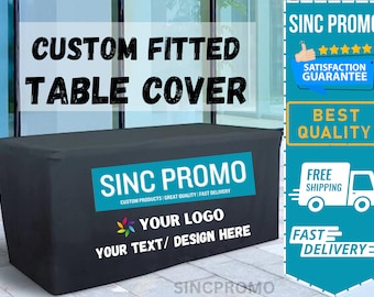 Personalized FITTED Table Cover 4FT 6FT 8FT | ANY Color | Business Logo/Texts | Trade Show | Pop Up Shop | Wedding | Banquet | Vendor event
