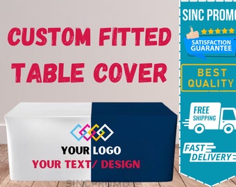 CUSTOM Fitted Table Cover Personalized Tablecloth with Your Logo Full Color | Trade Show | Pop Up Shop | Wedding | Banquet | Vendor event