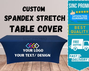 CUSTOM Stretch Table Cover Personalized Table Cover with Your Logo Full Color Imprint for Trade Show |Pop Up Shop | Banquet | Vendor event