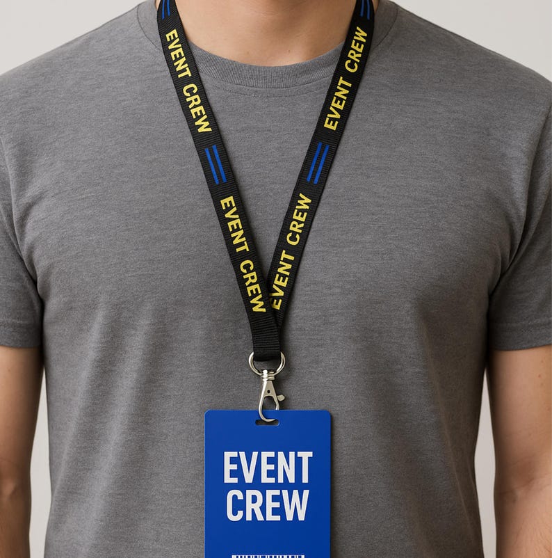 May include: Black lanyard with the text "EVENT CREW" in yellow. The lanyard has blue stripes and a blue rectangular badge with the same text in white. A silver clasp is attached to the badge.