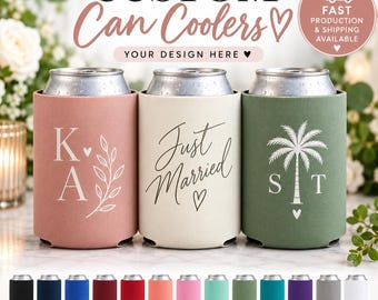 Custom Wedding Can Coolers - Personalized Can Cooler Favors - Rustic Wedding Monogram Beer Holders - Cheers to the Newlyweds can holder