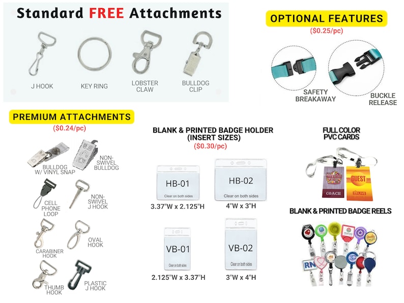 Lanyard attachments Lanyard accessories ID card holders Badge holders Lanyard clips Lanyard connectors Lanyard cord clips Lanyard hardware Lanyard accessory packs Custom lanyard attachments Jhook J-Hook Keyring Key ring Lobster claw Alligator clip