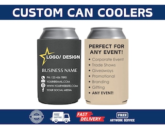 May include: Two custom can coolers, one black and one beige. The black cooler features a star, the text "LOGO/DESIGN", "BUSINESS NAME", a phone number, email address, website address, and social media icon. The beige cooler features the text "PERFECT FOR ANY EVENT!" and a list of events, including "Corporate Event", "Trade Shows", "Giveaways", "Promotional", "Branding", "Gifting", and "ANY EVENT!"