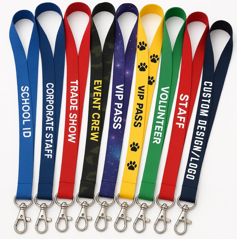 May include: A collection of lanyards in various colors, each with a different text. The lanyards include the following text: "SCHOOL ID", "CORPORATE STAFF", "TRADE SHOW", "EVENT CREW", "VIP PASS", "VOLUNTEER", "STAFF", and "CUSTOM DESIGN/LOGO". Each lanyard has a metal clasp.