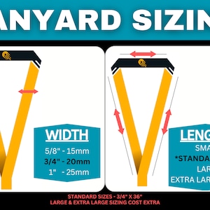 Standard lanyard sizes, 3/8-inch lanyards, 1/2-inch lanyards, 5/8-inch lanyards, 3/4-inch lanyards, 1-inch lanyards, adjustable lanyards, custom length lanyards, short lanyards, long lanyards, width options, size customization
