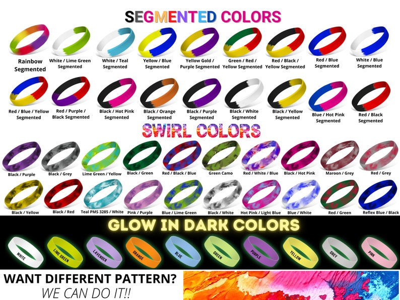 Segmented wristbands color options
Swirled wristbands color palette
Glow in the dark wristbands hues
Multicolor segmented wristbands
Vibrant swirl wristbands colors
Luminescent glow wristbands shades Rainbow wristbands