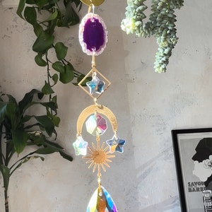 Gold Sun Catcher with Purple Agate Crystal