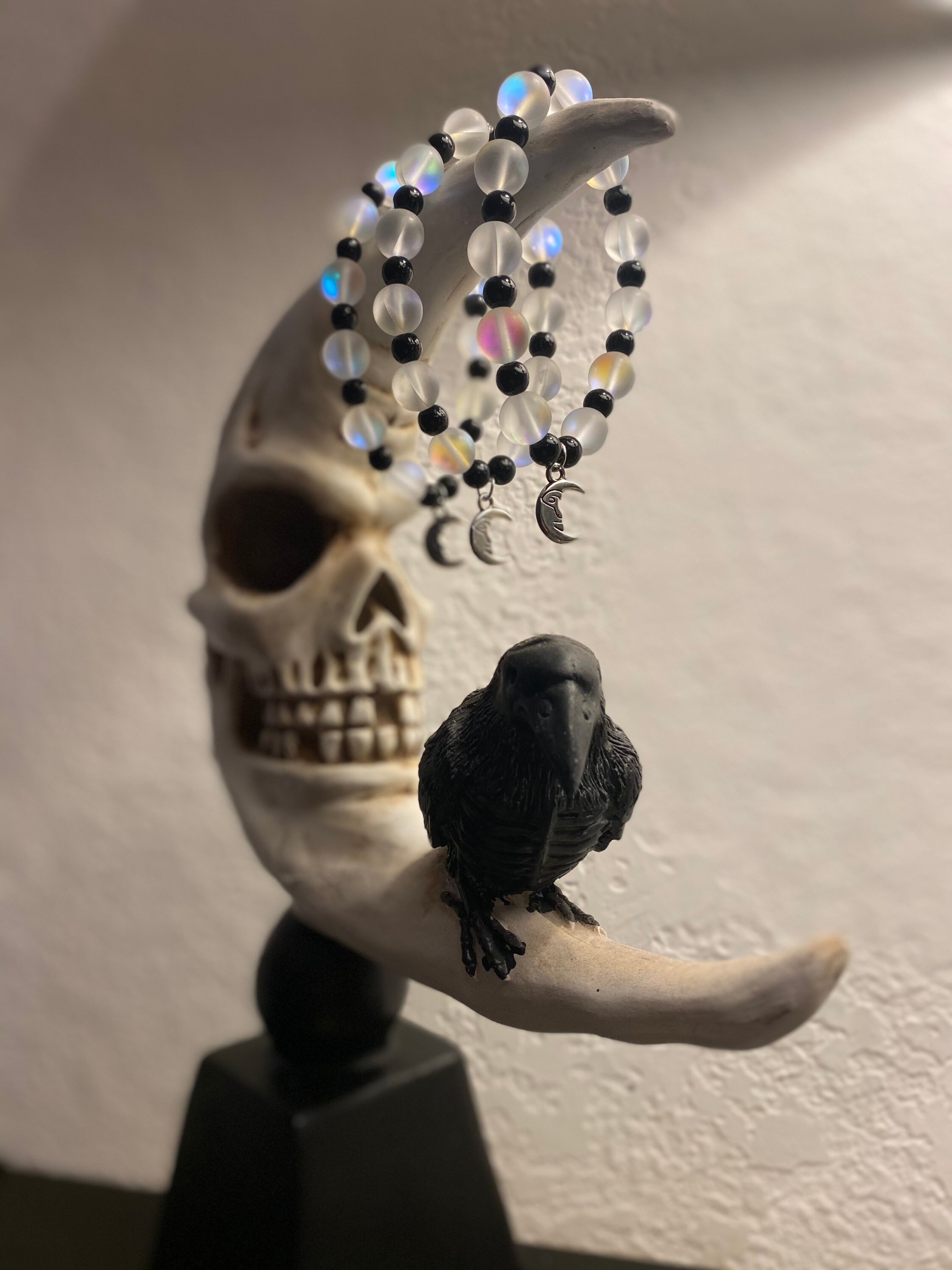 Moonstone & Black Jasper with Moon Charm Etsy