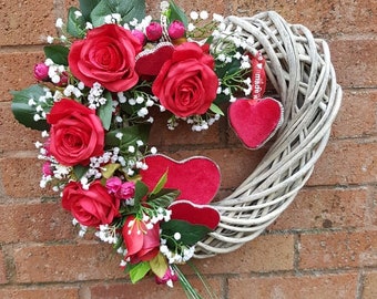 Wicker Valentine Rose Heart Front Door/Wall Wreath Hanging Decoration