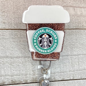 Coffee badge reel- Coffee lovers badge reel- coffee and scrubs- nurse badge reel