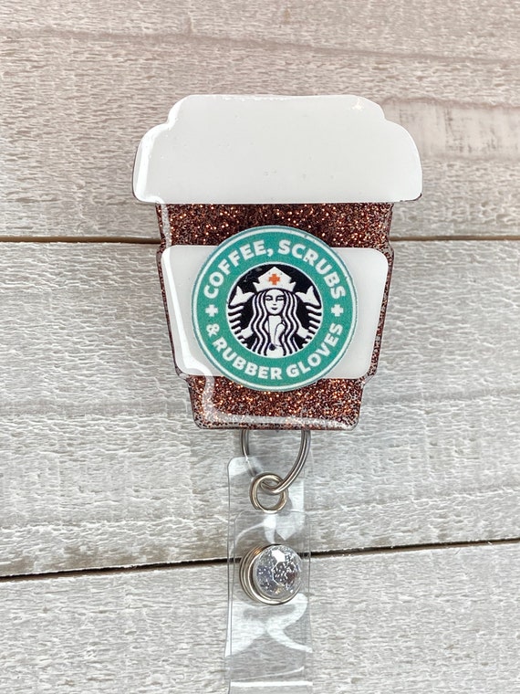 Coffee badge reel- Coffee lovers badge reel- coffee and scrubs- nurse badge  reel