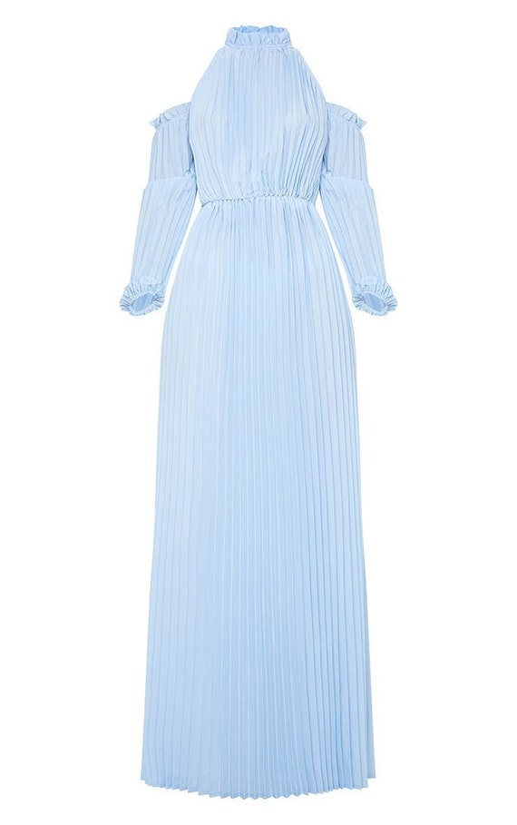 Dusty Blue Pleated Cold Shoulder Maxi Dress - Etsy