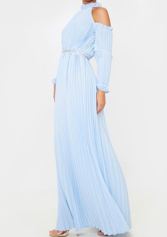 Dusty blue pleated cold shoulder maxi dress Dusty blue pleated cold shoulder maxi dress