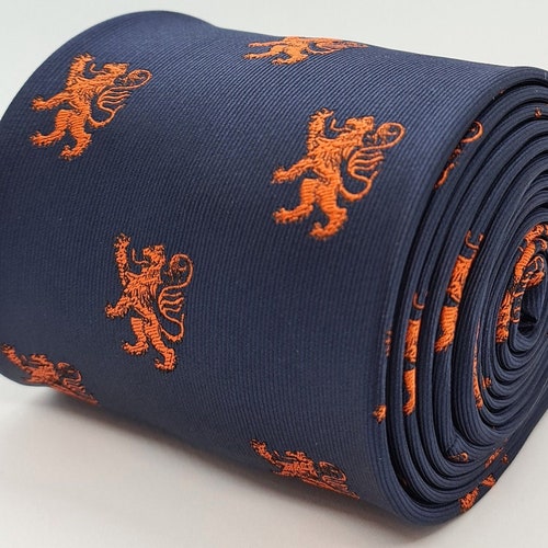 Mens Accessories Ties Frederick Thomas Ties Navy Blue Tie With Lion Print Design for Men 
